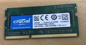 CRUCIAL DDR3L-1600 4GB DDR3L ノートパソコン用メモリ PC3L-12800S 4GB 204ピン DDR3L LAPTOP RAM 中古 動作確認済み