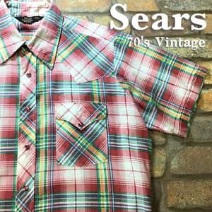 ★USA直輸入★70’s vintage★【Sears】三角タグ チェック柄 ルビーボタン 半袖 ウエスタンシャツ[メンズ L]ピンク レトロ ストア K2-962