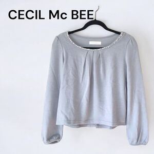 1円～ 良品 CECIL Mc BEE セシルマクビー ニット Mサイズ ブルー 水色 レディース カットソー 長袖 セーター クルーネック パール レース 