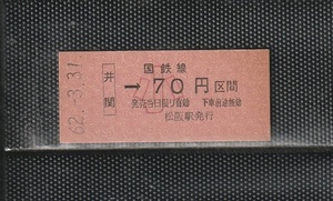 国鉄大阪印刷 井関→小児専用70円区間 赤地紋 硬券乗車券 未使用券 無人化駅