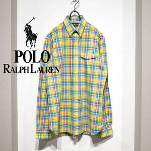 S / 90’s POLO RALPH LAUREN オールドポロラルフローレン マドラスチェックシャツ 長袖 BD ポケット 黄 青 ピンク メンズ レディース