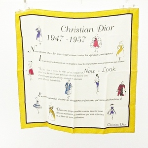 未使用品 クリスチャンディオール Christian Dior スカーフ 1947-1957 シルク 総柄 黄 白 イエロー ホワイト レディース