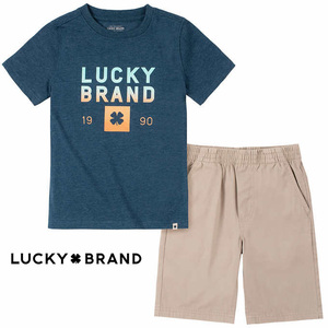 新品 120 ★ コストコ ラッキーブランド 上下 セット 半袖 Tシャツ ハーフパンツ 5T ネイビー カーキ セットアップ LUCKY BRAND アメカジ