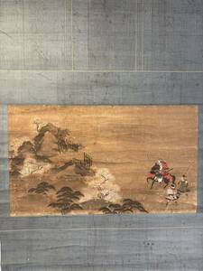 【真作】等昌「武士図」 古い掛け軸(掛軸) 肉筆 紙本 日本画 人物図 中国画 古画 美術品 画芯サイズ約54*92cm 箱なし