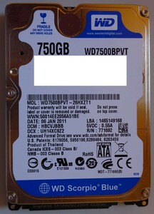 【中古】Western Digital　WD　WD7500BPVT-26HXZT1　2.5インチHDD　750GB　動作確認済み　2024070002