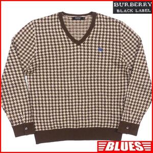 即決★イタリア製 BURBERRY BLACK LABEL★メンズ L廃版 ニット セーター バーバリーブラックレーベル 3 茶 千鳥格子 ウール 刺繍