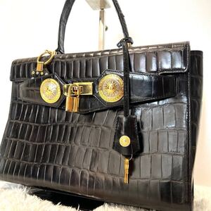 1円 超レア 美品VERSACE ヴェルサーチ ハンドバッグ クロコダイル 型押し メデューサ ゴールド金具 ターンロック トート レディース 黒