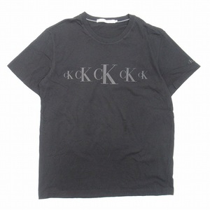 美品 カルバンクラインジーンズ Calvin Klein Jeans CKロゴ プリント Tシャツ 半袖 クルーネック カットソー プルオーバー XL 黒/メンズ
