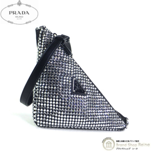 プラダ （PRADA） クリスタル サテン ポーチ トライアングルロゴ ショルダー ハンド バッグ 1NQ044 シルバー（未使用品）中古