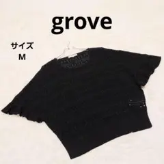 grove レースラメブラウス M 黒 クルーネック カジュアル フェミニン