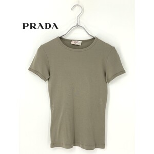 A9727/美品 春夏 PRADA MILANO プラダ コットン ストレッチ クルーネック 無地 半袖 Tシャツ カットソー S程 カーキ 灰色 レディース