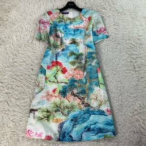 極美品 風景画● VIVIENNE TAM ヴィヴィアンタム ワンピース 中国柄 和柄 ストレッチ 総柄 半袖 膝丈 ひざ丈 丸首 0 刺繍 バックジップ 