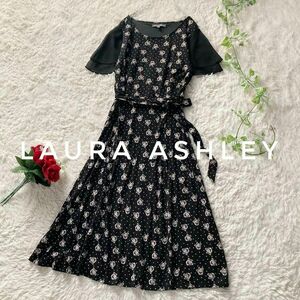 洗える！ローラアシュレイ　ローズドットフレアワンピース　シフォン切替　リボン　9号サイズ　ブラック　薔薇　Laura Ashley