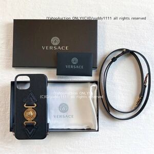 新品 正規品 VERSACE ヴェルサーチ 1005511 1A03190 メドゥーサ ストラップ付 iPhone 13 cover レザー カバー スマホ ケース ブラック 即決