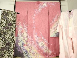 平和屋2■豪華振袖　長襦袢(無双仕立て・半衿刺繍)・袋帯・3点セット　刺繍　舞花文　暈し染め　金彩　金通し地　逸品　DAAH5277ps