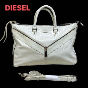 【A4可・2way】美品　DIESEL トートバッグ ショルダーバッグ　レザー 本革 白ホワイト　ビジネスバック　ボストンバック　 旅行