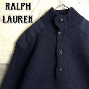 希少 美品 90s Polo by Ralph Lauren ポロバイラルフローレン ラムウール ヘンリーネック コマンドニット セーター ネイビー 紺 S