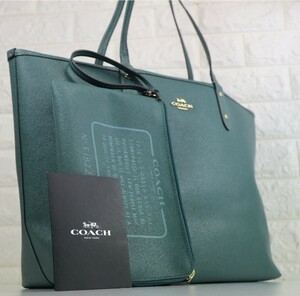 COACH コーチ 64-05 メンズ トートバッグ ビジネス リバーシブル くすみグリーン 肩掛け 書類 レザー 革 ロゴ金具 ポーチ付き 緑 A4 PC 