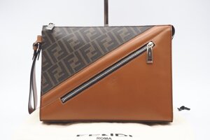 ☆安心の３大保証☆ ABランク ≪FENDI フェンディ/クラッチバッグ≫ 7VA491 ダイアゴナル レザー ブラウン ベージュ メンズバッグ 送料無料