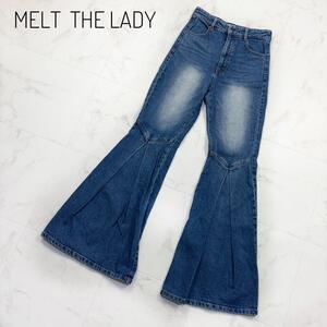 MELT THE LADY フレアデニム　ブルー　S ブーツカット　ロゴリング　ロゴ刻印 ワイドフレア レディース　ユニセックス