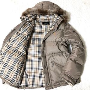 極美品/BURBERRY BLACKLABEL 3way ダウンジャケット ホワイトグースダウン ノバチェック ホースロゴ フード ラビットファー ブラウン M~L