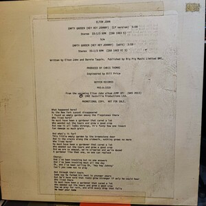 エルトンジョンのテスト盤 エンプティガーデン LP US ORIG ELTON JOHN EMPTY GARDEN GEFFIN TEST ONLY! 12インチテスト盤