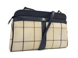 1円 BURBERRY バーバリー キャンバス×レザー チェック柄 クロスボディ ショルダーバッグ ライトブラウン系×ネイビー系 BM3841