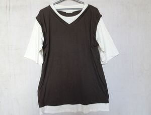 natural plus/ナチュラルプラス/7分袖レイヤードカットソー/Tシャツ素材/ベストVネック/オフホワイト/白/こげ茶/4Lサイズ(8/8R)