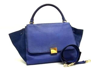 1円 CELINE セリーヌ トラペーズ レザー 2WAY ハンドバッグ ショルダーバッグ レディース ブルー系 BL5649