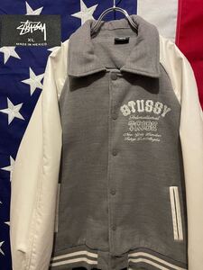 ★STUSSY★ステューシー★スタジャン★XL★ウール★アンゴラ★合皮★襟付き★メキシコ製★ホワイト★グレー★