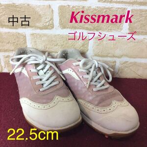 【売り切り!送料無料!】A-63 Kissmark!ゴルフシューズ!22.5!ピンク!白!ゴルフ!スパイク!かわいい!中古