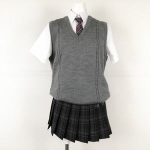 1円 ベスト マイクロミニスカート ネクタイ 上下4点セット 夏物 女子 学生服 中学 高校 グレー 制服 中古 ランクB EY1245