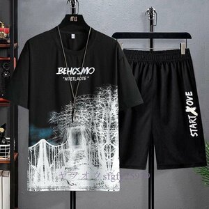 A215I☆新品人気半袖快適部屋着ルームウエア 上下セットカジュアルスポーツウェアメンズ tシャツハーフパンツ トレンドプリント通気A