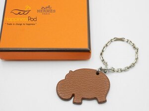 エルメス　HERMES　ヒッポ　チャーム　茶×オレンジ　レザー×金属素材　送料無料