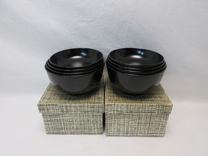 I10165 【 美品 懐石道具 木製黒塗 四つ椀 応量器 2客セット 紙箱 】 検) 茶道具 小丸椀 和食器 吸い物椀 雑煮椀 汁椀 雑煮椀 飯椀 ⅰ