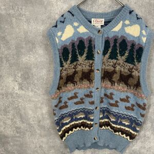 ニットベスト　ニットジレ　風景画　アニマル柄HAND KNIT ハンドニット　手編み　80s ORVISオービス アウトドア柄 シェットランドウール