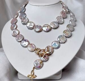 豪華絢爛天然無調色虹色バロックパールネックレス16mm 83cm necklace jewelry ホワイトピンクグリーン　シルバー　白蝶シェル留め具