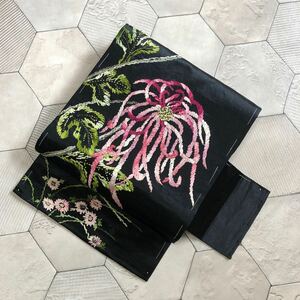 アンティーク　名古屋帯　黒　リボン刺繍　ビーズ　綸子　花　蝶々　着物　昭和レトロ　大正ロマン　モダン　絹　正絹100% か24-20t