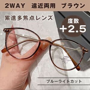 遠近両用 シニアグラス 【+2.5 ブラウン×ゴールド】 老眼鏡 丸縁 ブルーライトカット 軽量 累進多焦点レンズ マルチフォーカス パソコン