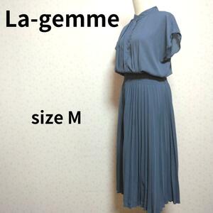 La-gemme プレーンネイビーカラーデザイン 半袖プリーツロングワンピース Mサイズ レディースファッション