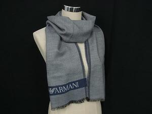 ■極美品■ EMPORIO ARMANI エンポリオアルマーニ ウール80%×シルク20％ スカーフ ストール ショール ブルー系 DF8333