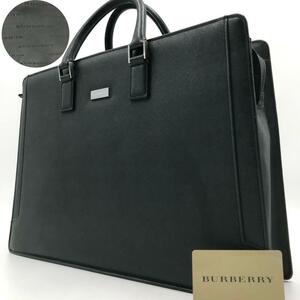 極美品/A4収納可能●バーバリー BURBERRY メンズ ビジネスバッグ ブリーフケース 内側総柄 サフィアーノレザー 自立 ブラック 黒 書類鞄