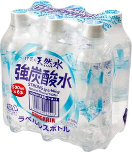 サンガリア 伊賀の天然水 強炭酸水 ラベルレス (500mL ×6本パック) ×4個