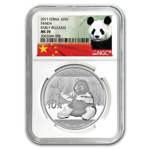 [保証書・スラブ付き] 2017年 (新品) 中国「パンダ」純銀 30グラム 銀貨 NGC MS70