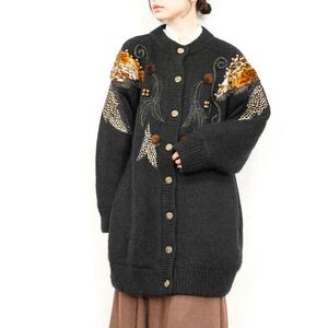 USA VINTAGE VELOUR EMBROIDERY SWITCHED DESIGN MOHAIR KNIT LONG CARDIGAN/アメリカ古着ベロア刺繍切替モヘアニットロングカーディガン