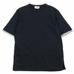 美品○エルメス コットン100% サドルステッチ ラウンドネック バイカラー ダブルコントラストエッジ 半袖Ｔシャツ ネイビー S イタリア製