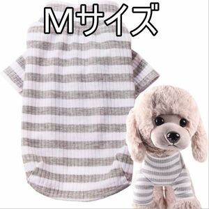 ★犬服　ボーダー柄　Ｍサイズ　グレーホワイト　ストライプ リブニット 袖あり リブ