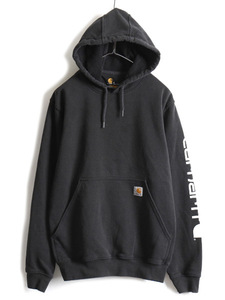 希少サイズ S 人気 黒 ■ カーハート 袖 プリント スウェット フード パーカー ( メンズ ) 古着 CARHARTT トレーナー プルオーバー 裏起毛