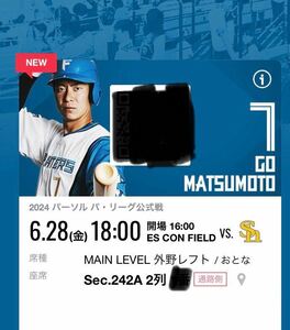 6月28日（金）北海道日本ハムファイターズ vs 福岡ソフトバンクホークス MAIN LEVEL 外野レフト ペア席 連番 2枚 エスコン 6/28　