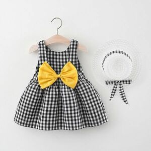 ♪ｍineka♪訳有品♪キッズコットンチェック柄ワンピース 子供服 ノースリップ 帽子付き 綿製 普段着 通園 遠足 外出 黒 110cm 211483/5T